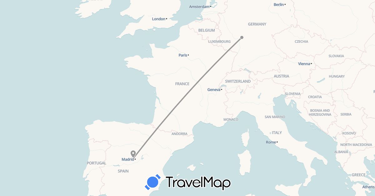 TravelMap itinerary: driving, plane in Germany, Spain (Europe)